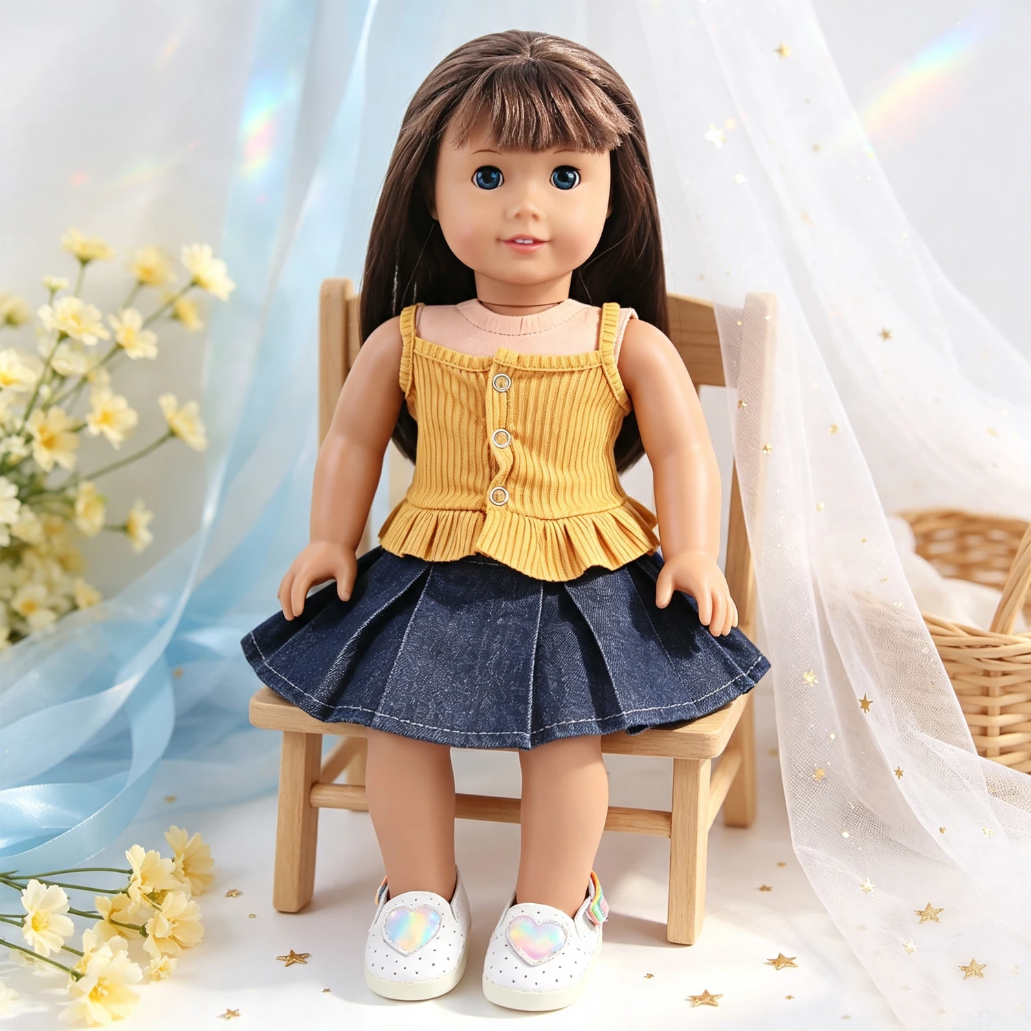 Doll Clothes Set Ribbed Cami Top Denim Pleated Skirt + Heart Shoes Outfit Fit 18 Inch American & OG Girl Dolls Toy Accessories