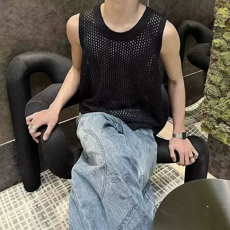 Men Hollow Out Mesh Loose Casual Vests Sports Street Sleeveless O-Neck Tank Kntiwears Tops Summer Quick Dry Erotic Top