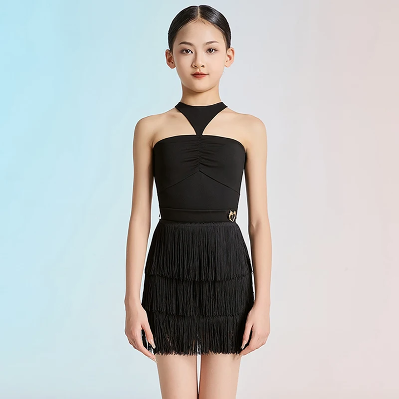 子供ラテンダンス衣装女の子チャチャサンバサルサパフォーマンス服ホルターボディスーツフリンジスカートラテントレーニングダンスウェア2080