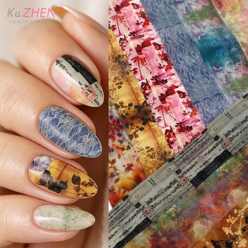 10 Sheets Feng Shui Ink Staining Nail Foils Transfer Paper Laser Nail Art Stickers Decal Pattern Printing Mold Manicure Tool