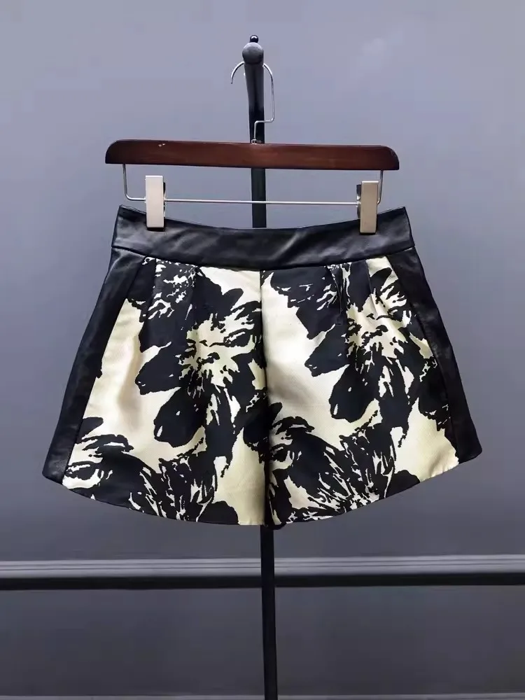 Chinese Style Floral Printed Women Shorts Spliced Sheepskin Genuine Leather Wide Leg Flare Shorts Slim Fit Ladies Vintage Shorts