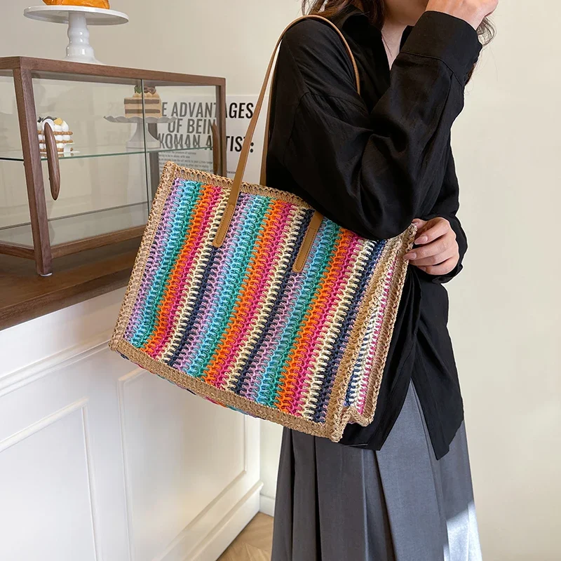 2025 Новая соломенная пляжная сумка большой вместимости, большая вместительная летняя сумка на плечо для женщин, дизайнерская полосатая сумка, дорожные сумки