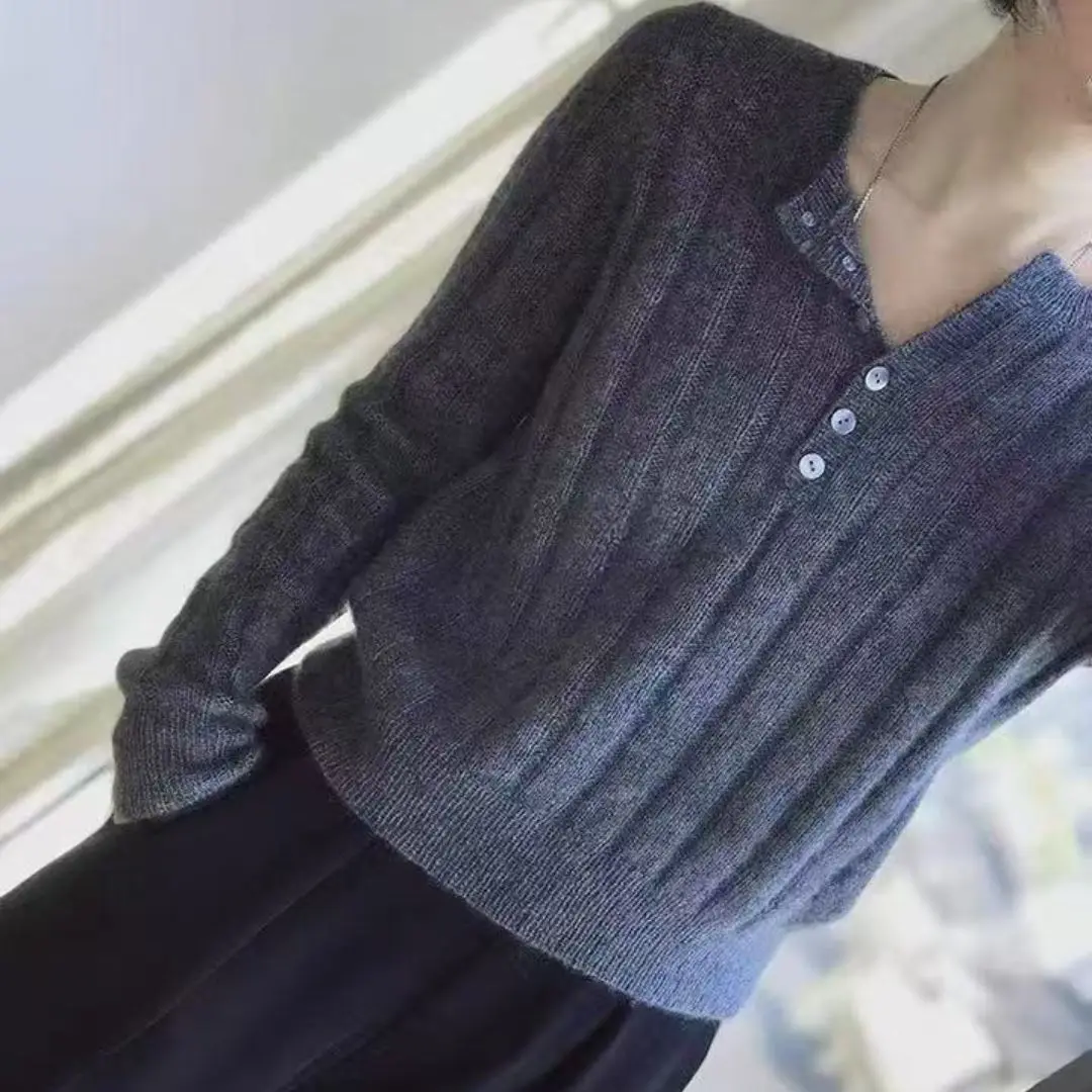 WinvyNee Winter Women Pure Wool Sweaters Long Sleeve Solid Polo Collar Neck with Buttons Slim Pullovers Knitted Tops A1003051