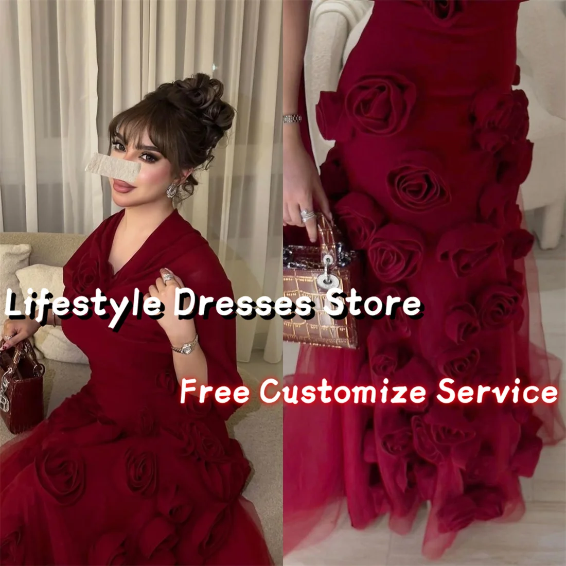 Customized Burgundy 3D Flowers Evening Dresses With Shawl Arabia Handmade Prom Dresses Wedding Formal Party Gown