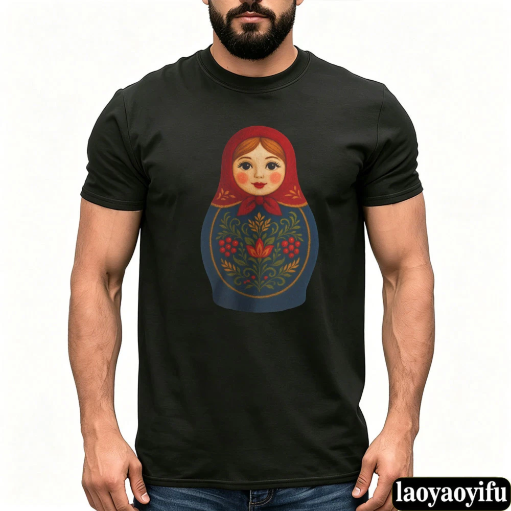 Matryoshka Nesting Doll T Shirt Men Vintage Russian Folk Art Floral Graphic Tee Short Sleeve Cotton Casual Ethnic Loose Tshirt