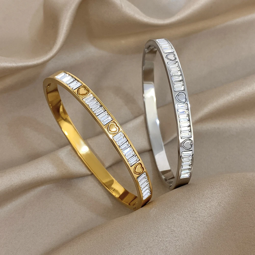 

Exquisite Rhinestone Stainless Steel Round Bangle Bracelet Women Minimalist Striped Heart Spring Bangle Hand Jewelry Gifts