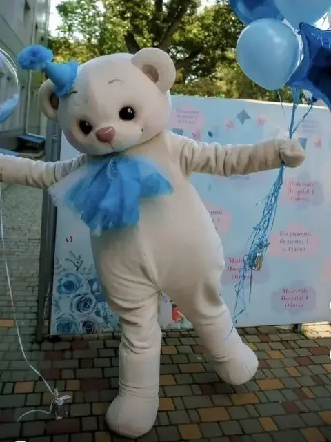

Blue Hat White Bear Cartoon Mascot Cosplay Costume Teddy Bear Anime Character Walking Mascot Halloween Carnival Show Fursuit