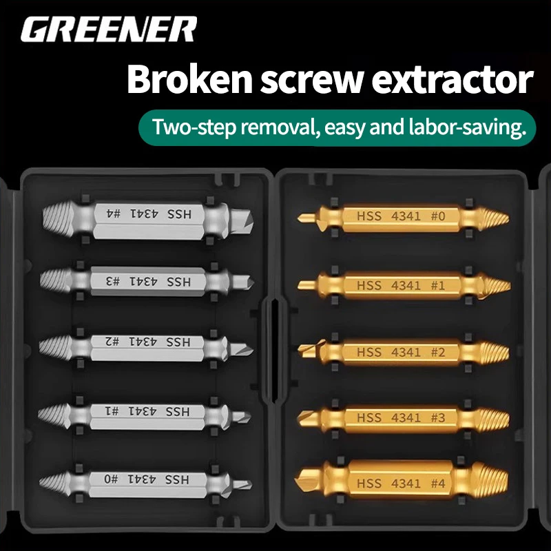 GREENER 5Pcs Screw Extractor Set CR-V Double Head Broken Bolt Remover M3-M10 Stripped Screw Out Tool For Drill Power Tools