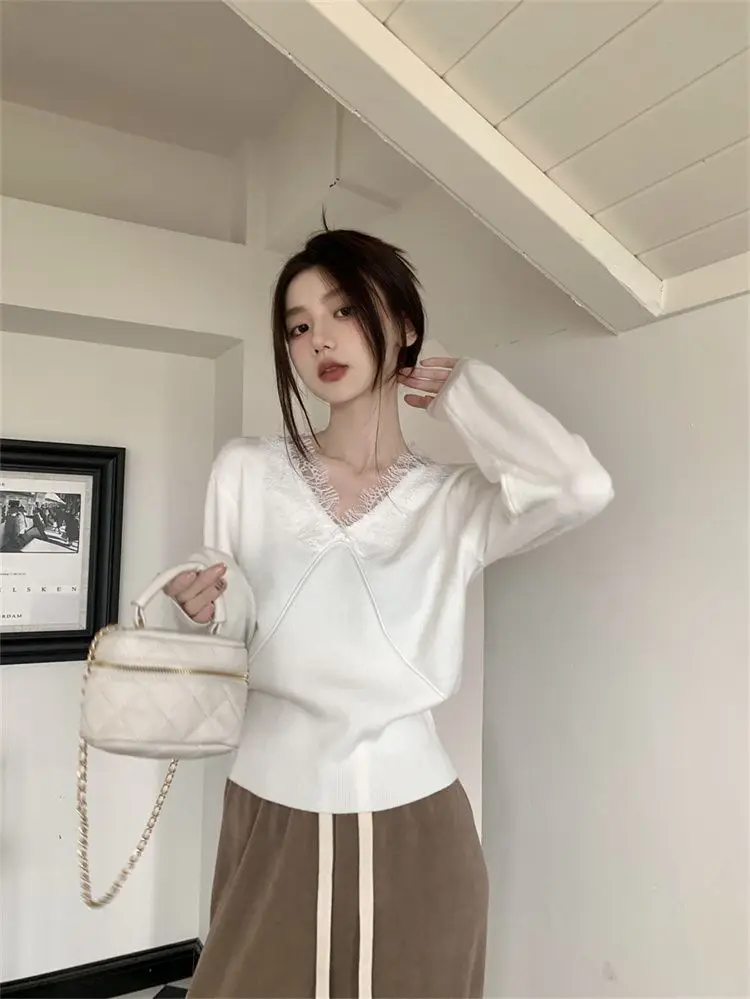 

Knitted Autumn Lace Tops Women Long Sleeve Korea Style Patchwork Ladies Cropped Tops Fashion Casual Woman Tops aesthetic sweate