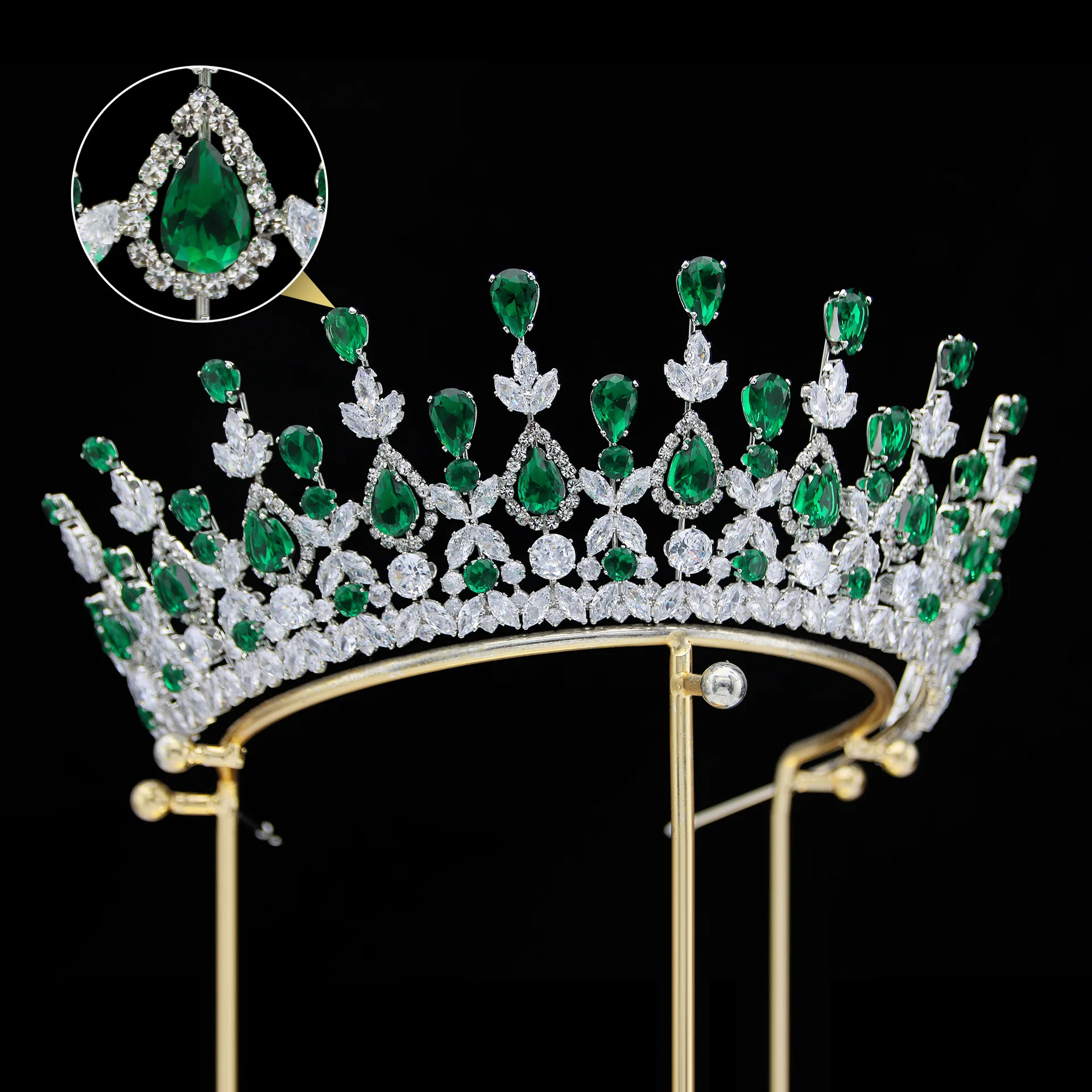 Forest Green CrystalCopper Bridal Tiaras Royal Queen CZ Crown Rhinestone Pageant Diadem Wedding Costume Hair Accessories
