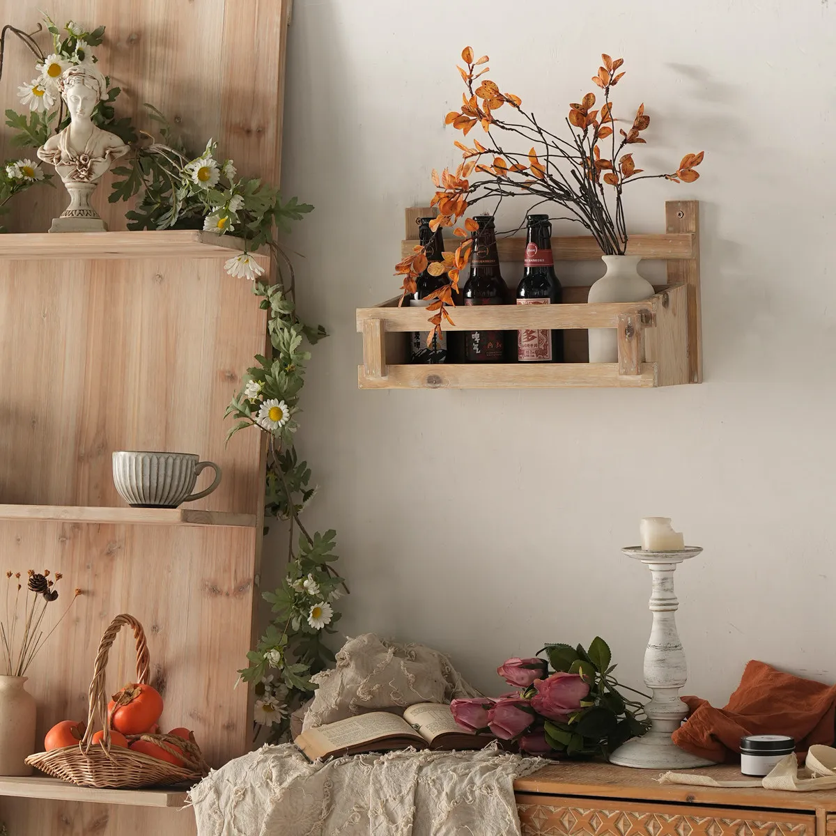 Retro wall shelf rural solid wood decorative wine rack homestay store wall shelf storage industrial style