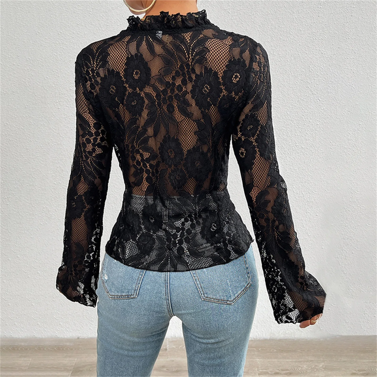 Woman y2k Fairycore Open Front Tie Up Mesh Lace Shirt Sexy v Neck Long Flare Sleeves Top See Through Ruffles Slim Fit t Shirts