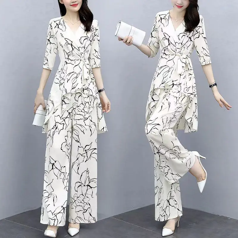 

Wide Leg Pants Set For Women's Summer Wear 2023 New Slimming And Age Reducing Westernized Goddess Style Two-piece Set