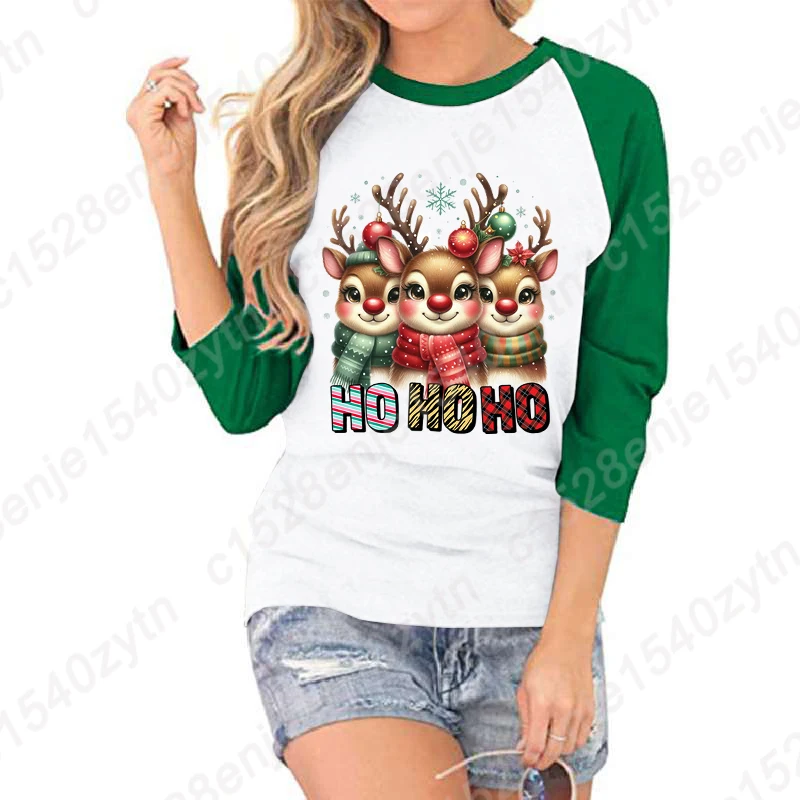 

Cute Christmas Reindeer Ho Print Seven Sleeves Shirt Women Summer Lovely Seven Sleeves Shirt Round Neck Ladies Casual Loose Tops