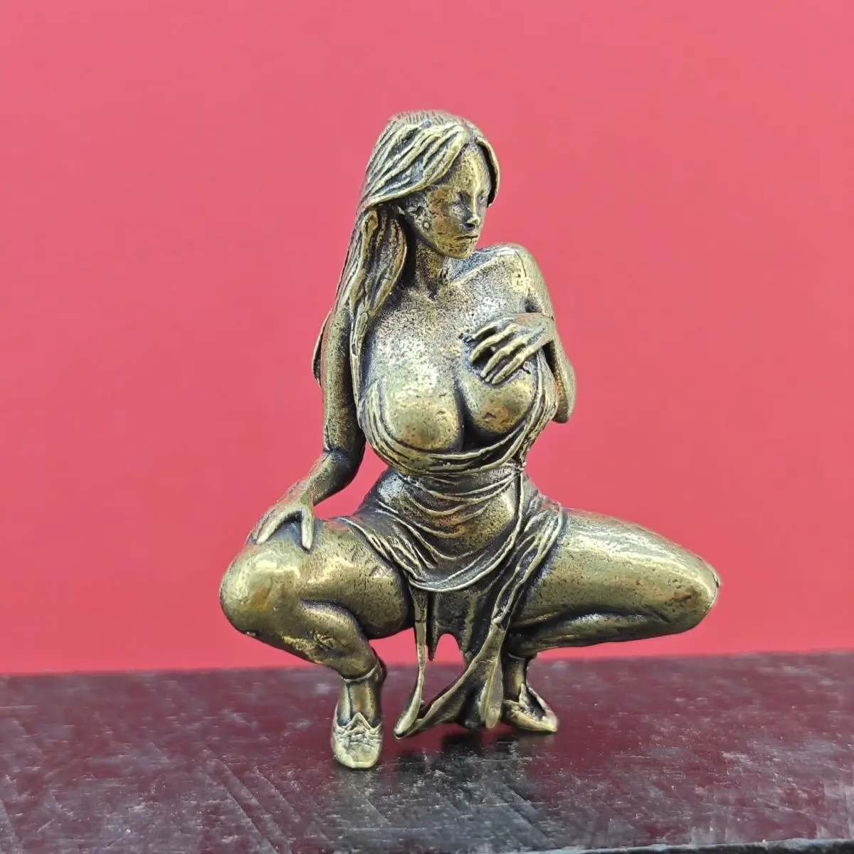 

Brass Girl Squatting Pose Miniature Figurine, Handmade Ornament for Home/Tabletop Decor, Collectible Anime Statue