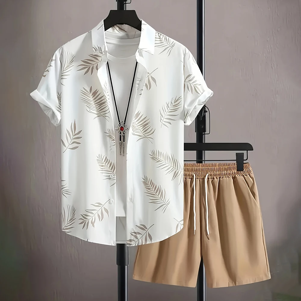 Traje de verano para hombre, traje informal de vacaciones hawaianas, camisa de manga corta con solapa y botones, pantalones cortos para hombre