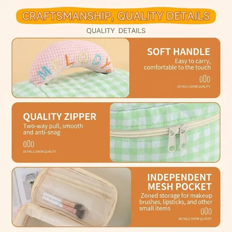 Niedliche, gesteppte Kosmetiktasche im Karomuster, große Kapazität, weicher Griff, ideal für Reisen und zur Aufbewahrung von Hautpflegeprodukten im Alltag. – Detail 7