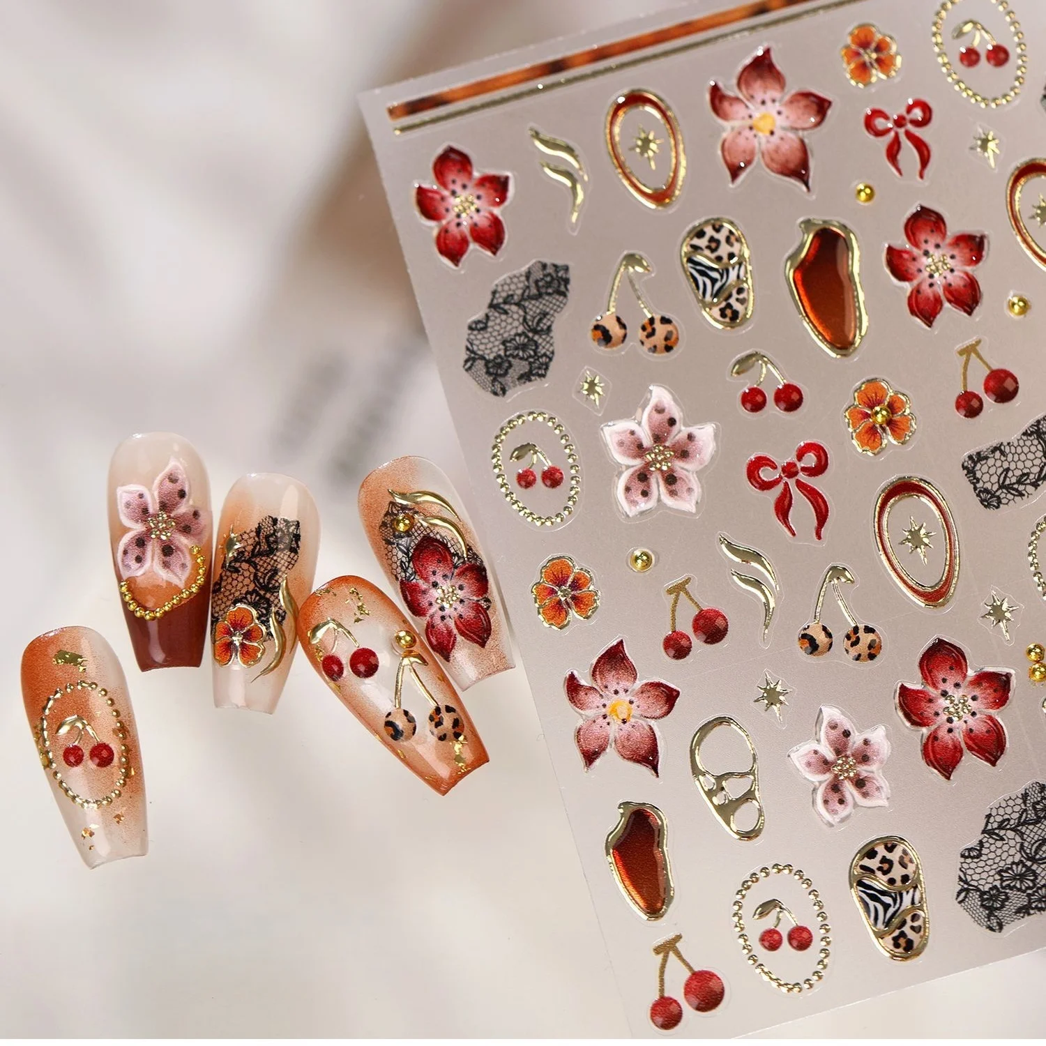 Warm Vintage Contrast 5D Nail Art Stickers Red Brown Leopard Cherry Five-Petal Flower Oval Frame Lace Bow Amber Gem Decals DIY