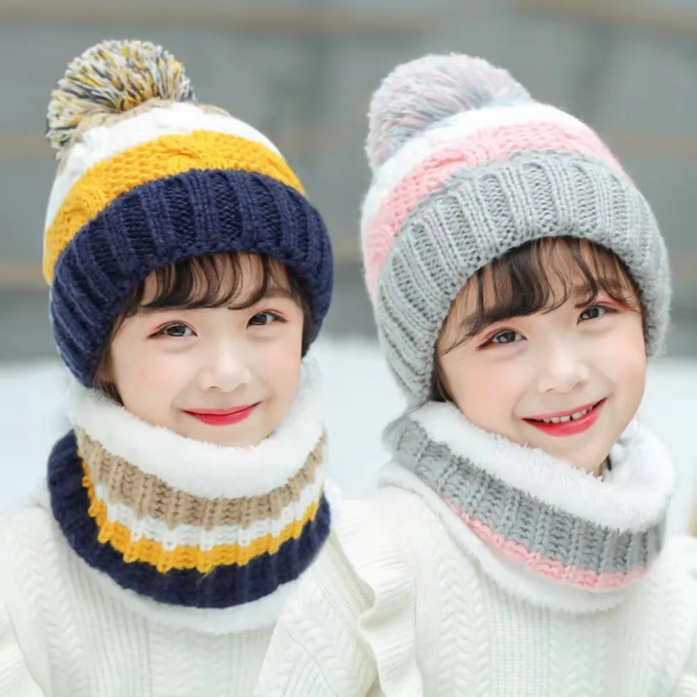 Sweet Velvet Knitted Wool Ball Hat Fleece Lined Thick Fleece Cap Scarf Set Keep Warm Beanie Hat Scarf Set for Winter