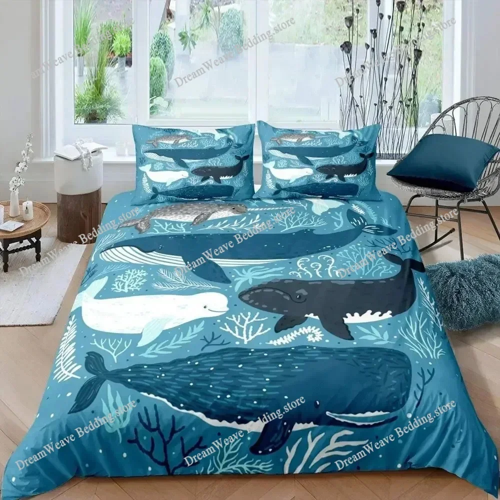 Whale Comforter Cover Twin Size,Ocean Theme Bedding Set for Kids,Nautical Sailing Quilt Set Ocean Duvet Set Ocean Decor