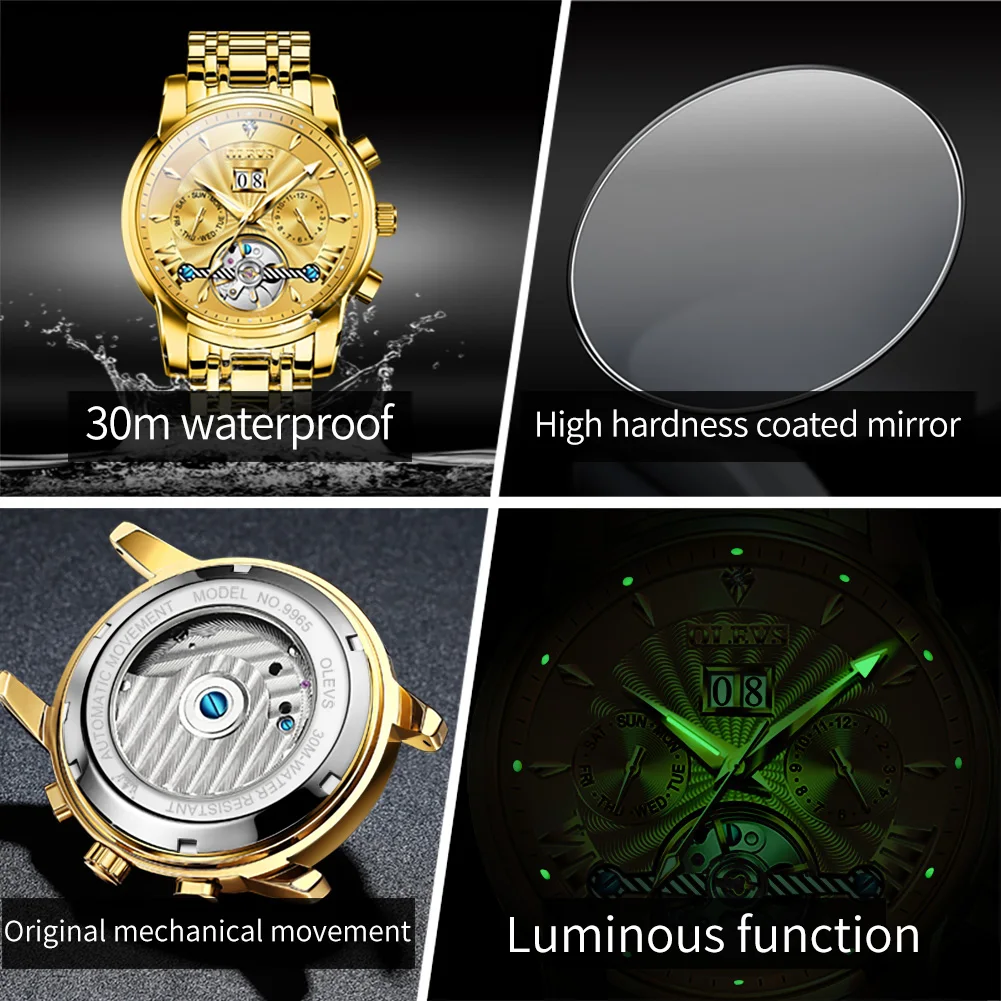 OLEVS Brand Luxury Tourbillon Watch for Men Stainless Steel Waterproof Luminous Calendar Fashion Gold Mechanical Watches Mens