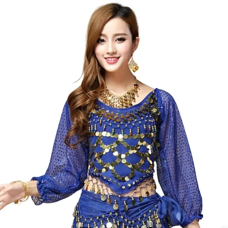 B95F Belly Dance เครื่องแต่งกายแขนยาวเหรียญ เสื้อ Top Carnival Dancer ชุด