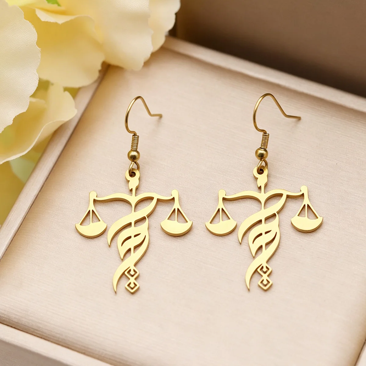 Kinitial Stainless Steel Libra Scales Zodiac Sign Drop Hook Earrings Balance Justice Symbol Dangle Earrings Gift For Women