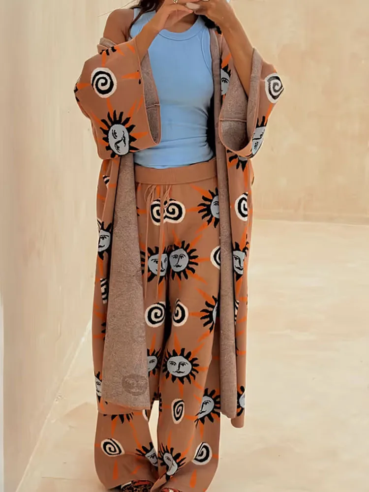 Nuevo Otoño Invierno Casual suelto 3 piezas trajes moda cuello redondo Tops y pantalón largo y cárdigan traje mujer elegante patrón estampado conjunto de felpa