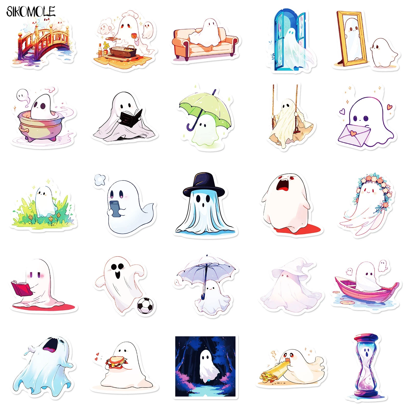 10/30/50 sztuk śmieszne kreskówki biały duch śliczny motyw naklejki Graffiti estetyczna naklejka Laptop telefon bagaż księga gości naklejki samochodowe