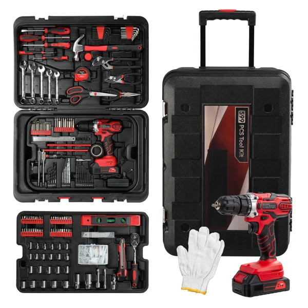 599-Piece Tool Set with 21V Cordless Drill, Complete Household Repair Tool Kit with Rolling Tool Box, Power Drill & Hand Tools for Home DIY Automotive Maintenance