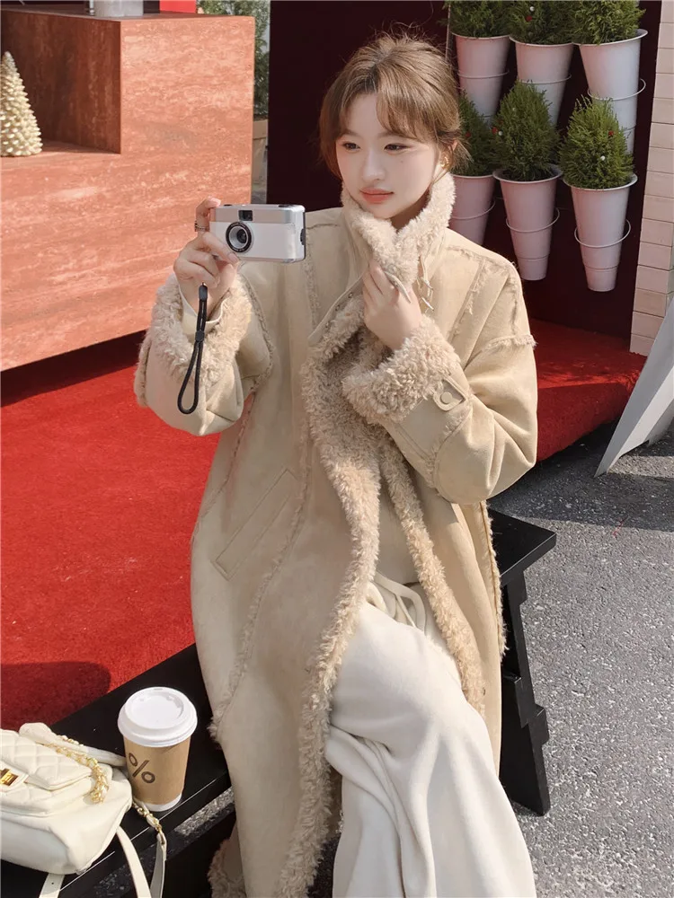 

Женское длинное меховое пальто, свободное кожаное пальто с овечьим мехом, высококачественное корейское пальто в стиле ретро, новое зимнее поступление