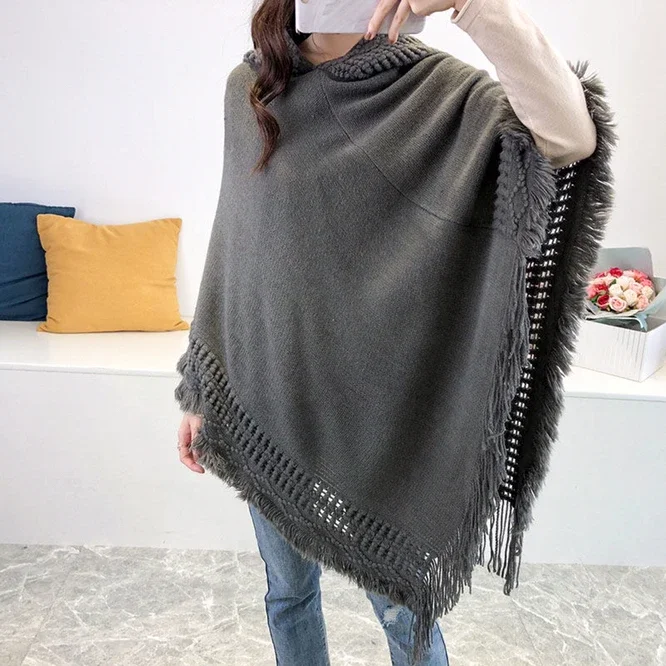 Spring Autumn New Women Winter Knit Hooded Poncho Cape Crochet Fringed Tassel Shawl Wrap Sweater Even Hat Girls Keep Warm