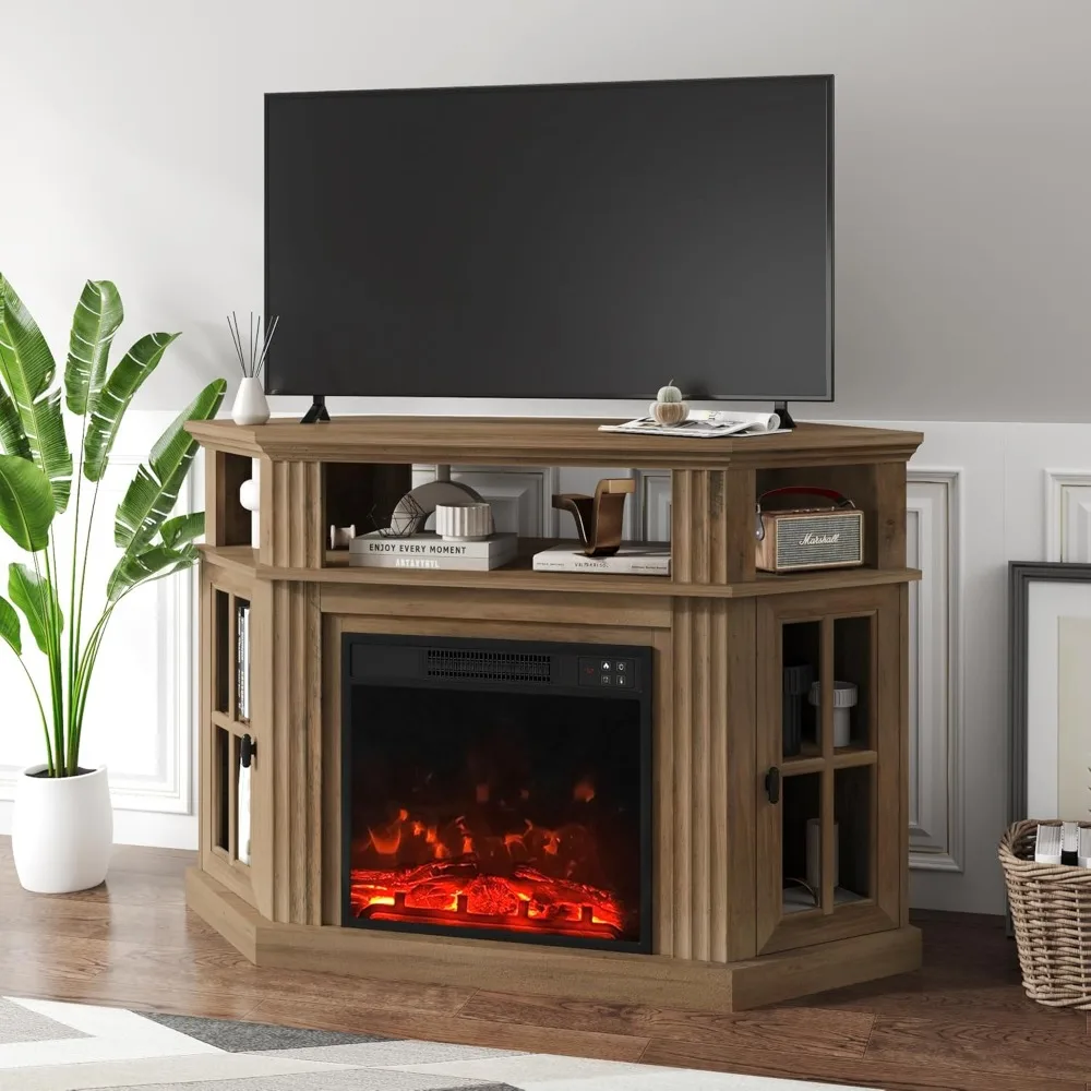 حامل تلفزيون بمدفأة زاوية مقاس 55 بوصة للتلفزيون حتى مع خزائن تخزين ومركز ترفيه ووحدة تحكم الوسائط لغرفة المعيشة