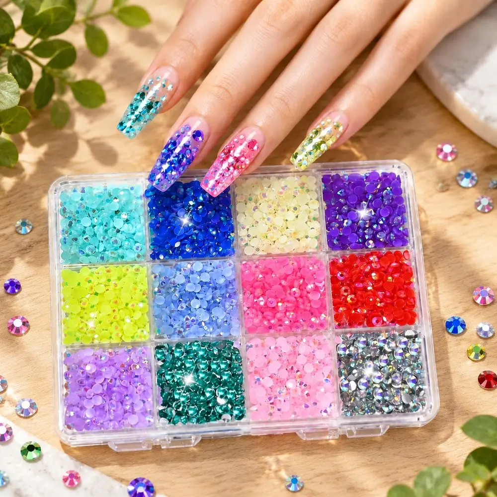12Grids Shimmering Nail Rhinestones Resin Bold Contrast Color Flat Back for Rock Concert Nail Art Accessory Set