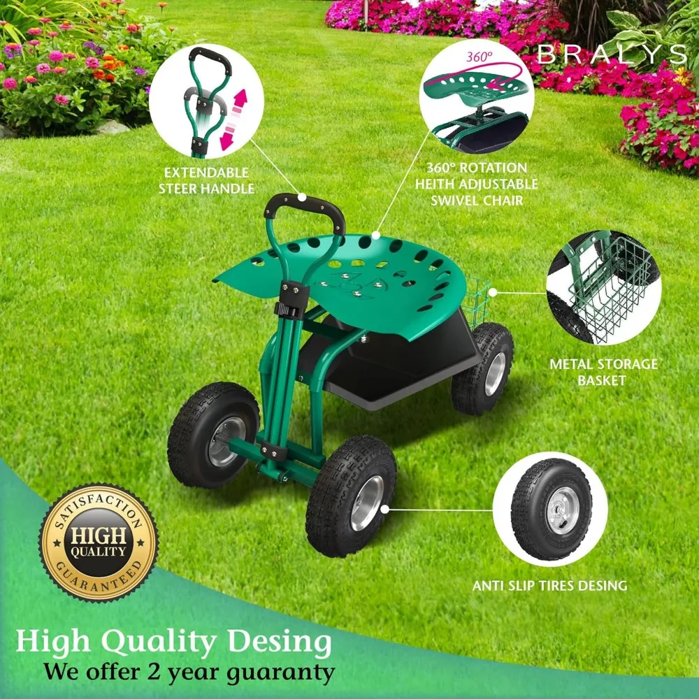 Garden Cart with Seat - Basket, Waterproof Cover Included ,360degree Rotation, Height Adjustable Swivel Chair.