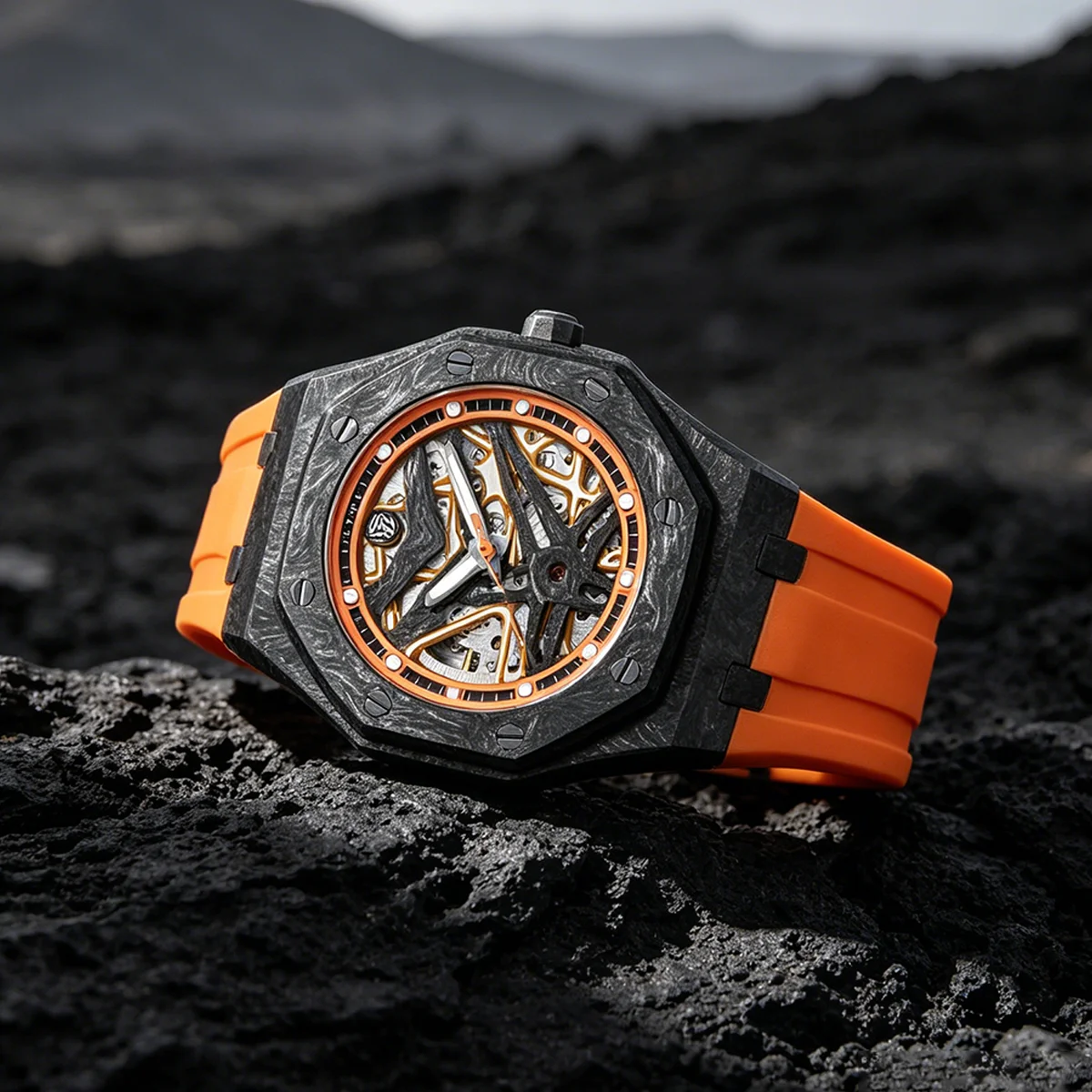 TIME TOKEN Luxury Men Mechanical Watch Carbon Fiber Full Skeleton Octagon Wristwatch Luminous Waterproof Gift For Men Reloj T577