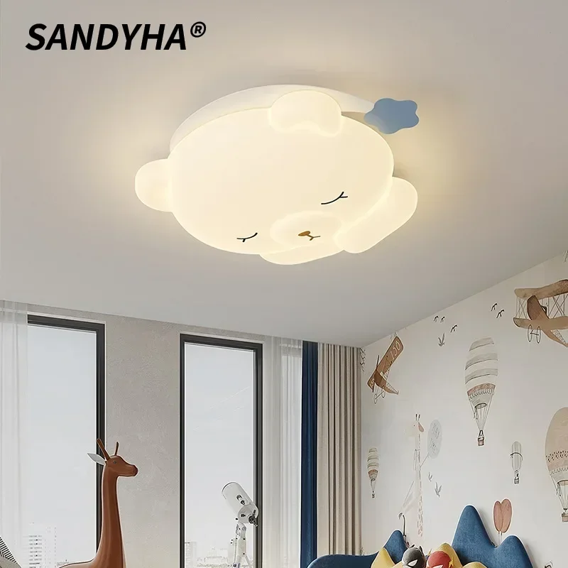 

SANDYHA Cartoon Sleeping Hat Bear Ceiling Light Cream Children's Room Lamp LED Lighting Fixture for Bedroom Study Home Decor