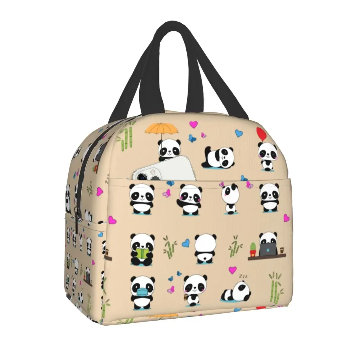 Panda Bear Insulated Lunch Bag for Camping Travel Portable Thermal Cooler Lunch Box Women Kids Work Picnic Food Storage Bags