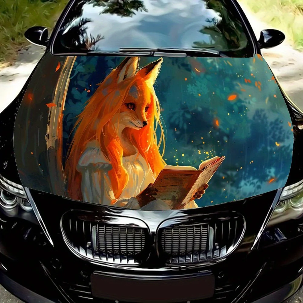 

Animal Car Hood Decal, Red Fox Girl and Book Auto Exterior Protective Sticker, Vinyl Waterproof Self-adhesive Car Body Decoratio