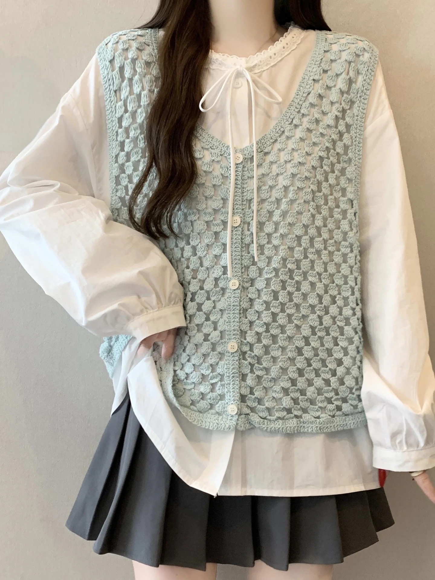 

plus Size Women's Early Spring Korean Sle Hollow Knitted Vest Long Sve irt Two-Piece Set Top High Waist Casual Faion