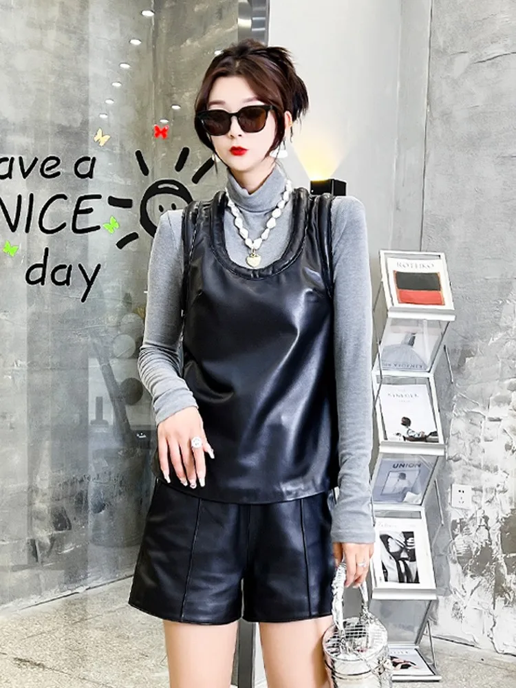 O-Neck Fashion Casual Women Genuine Leather Vest Slim Fit Black Street Jacket Pullover Sleeveless Sheepskin Waistcoat Female