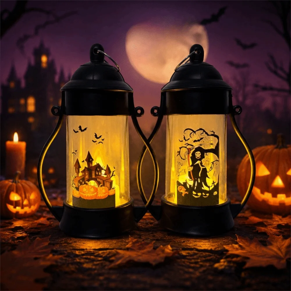 Vintage Halloween Wind Lamp Cylindrical Warm Yellow Light Pumpkin Wind Lantern Cartoon Castle Ghost Pattern