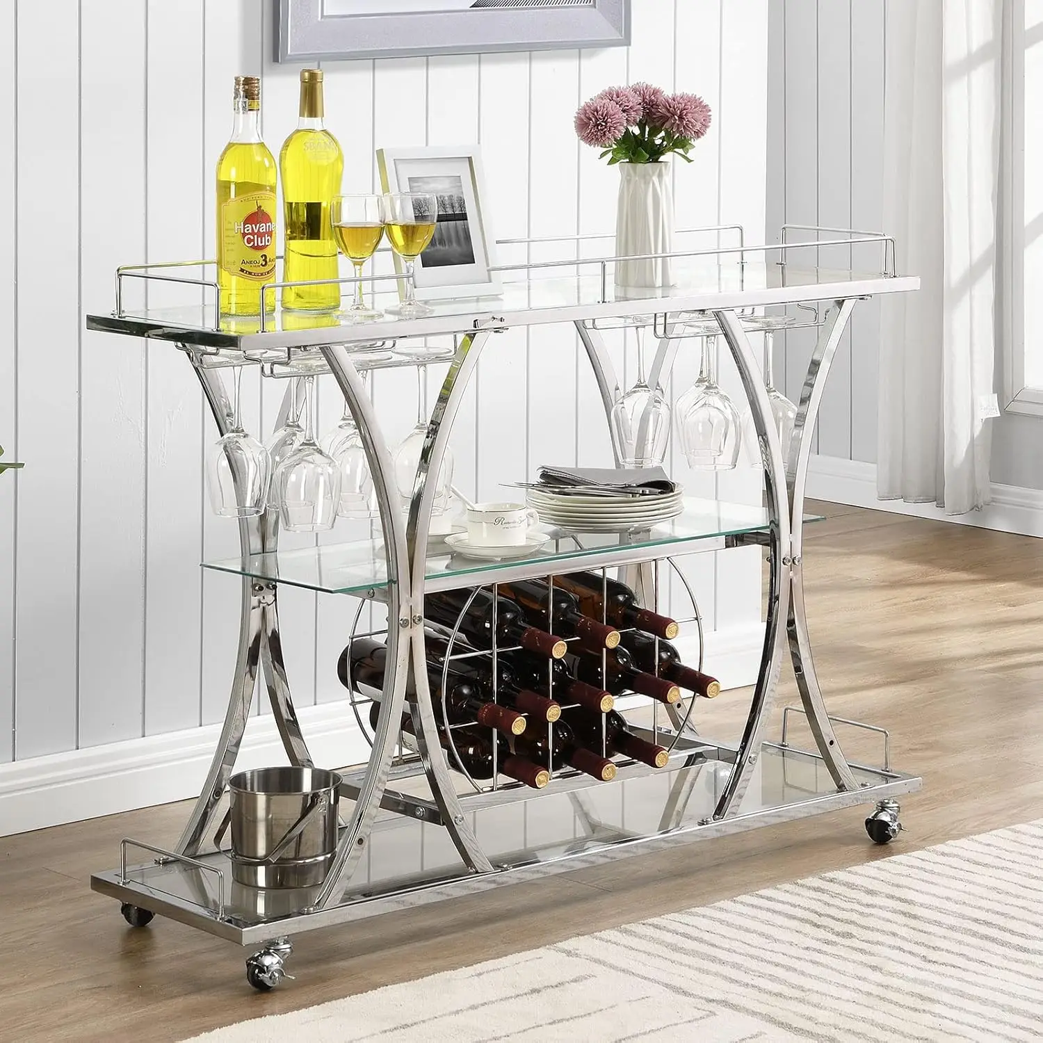 Bar Serving Cart with Glass Holder and Wine Rack, 3-Tier Kitchen Trolley with Tempered Glass Shelves and Chrome-Finished Metal