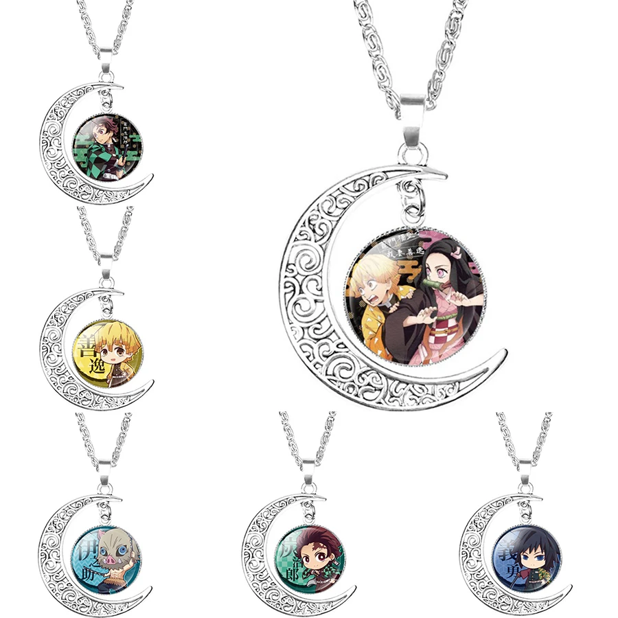 Demon Slayer Kimetsu No Yaiba Necklace Pendant Necklace Kamado Tanjirou Nezuko Printed Glass Cabochon Chain Jewelry Cosplay