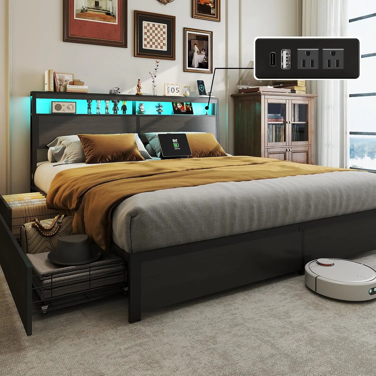King Size Bed Frame with LED Light Headboard and 4 Storage Drawers | Charging Station, Metal Platform, 2-Tier Storage