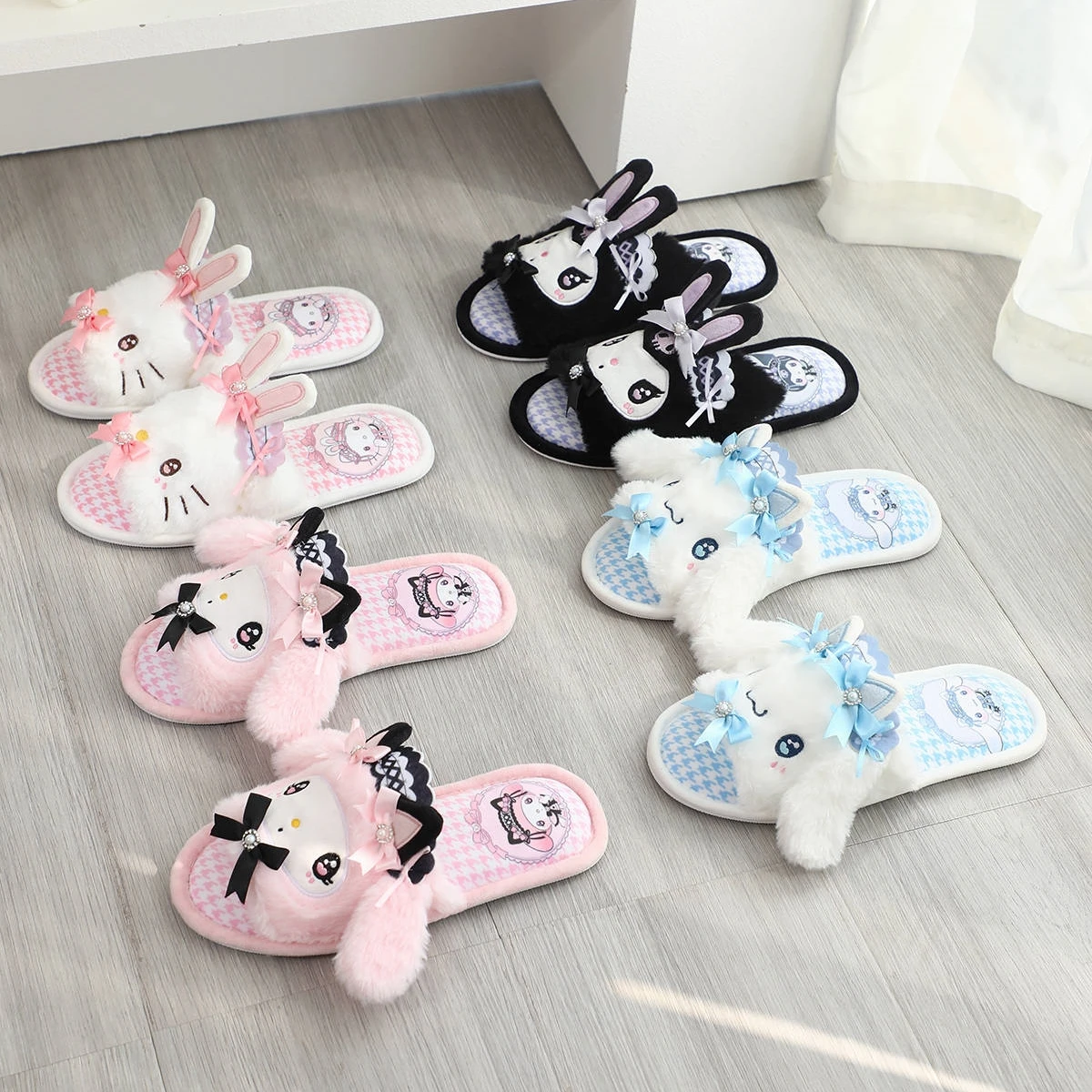 Cartoon My Melody Kuromi Plush Indooe Slippers for Women Open Toe Soft Sole Home Shoes Cozy Indoor Floor Slippers Non-slip