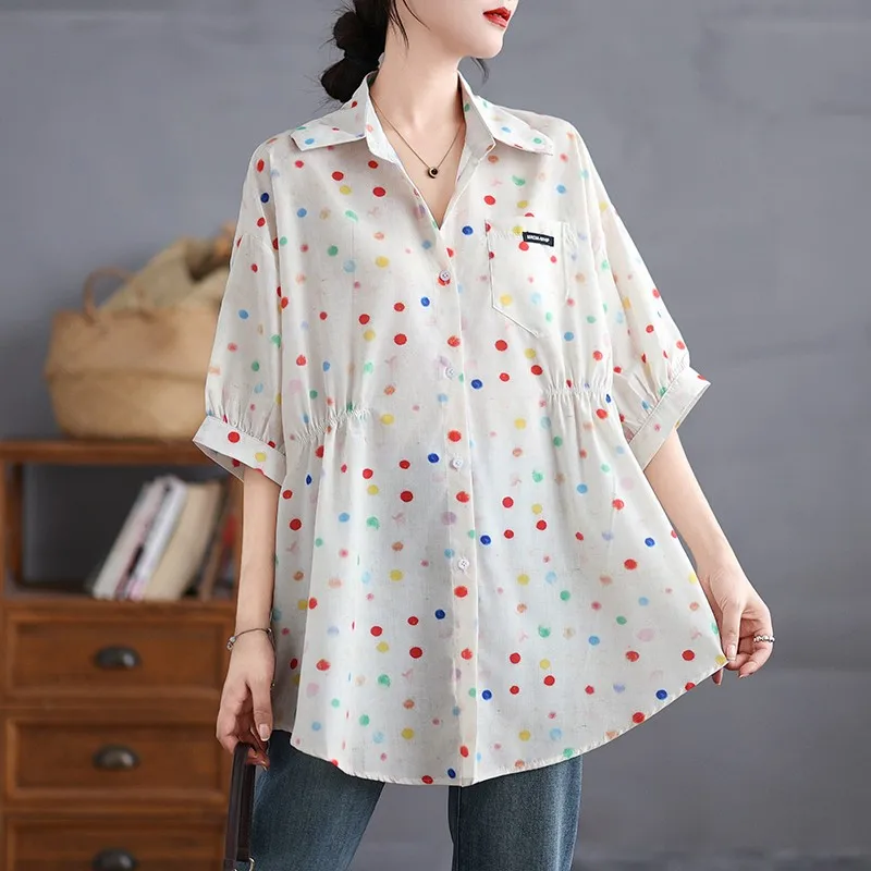 

Women Summer Casual Shirt New Arrival 2024 Simple Style Turn-down Collar Dot Loose Comfortable Female Basics Tops Shirts B1876