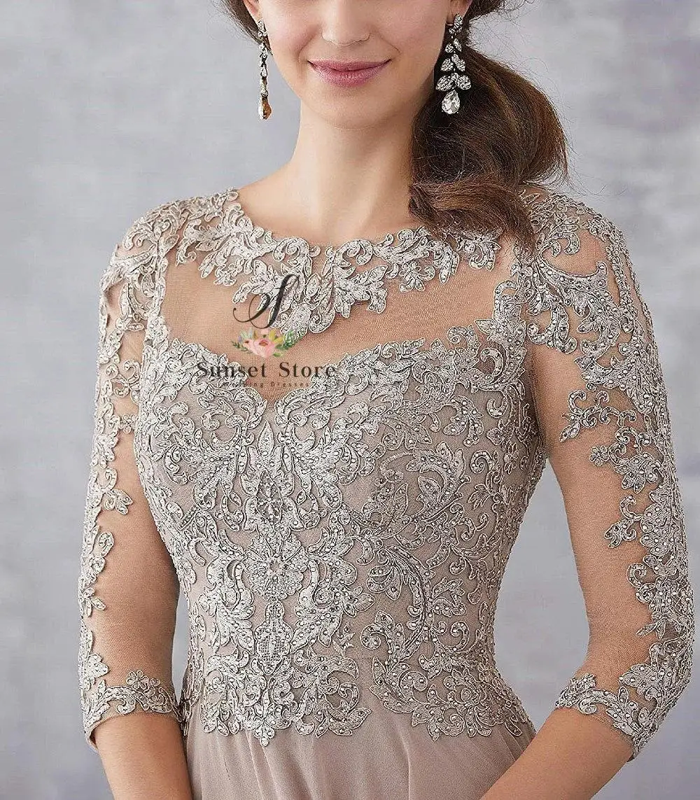 Customized  Lace Applique Beaded Mother of the Bride Dresses Elegant Three Quarter Sleeve Long Chiffon Evening Formal Mother Dre