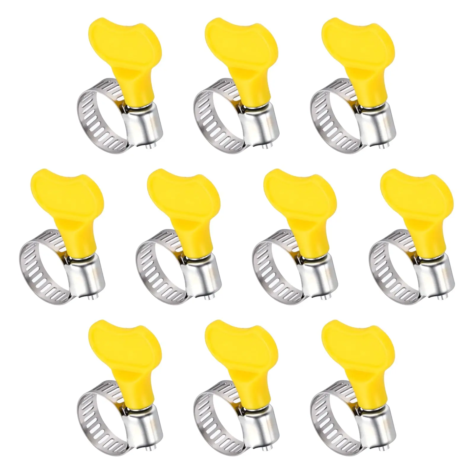 10pcs Adjustable Yellow Plastic Handle Hand Twist Hose Clamps Worm Driving 8-44mm Stainless Steel Butterfly Pipe Clip For Tube
