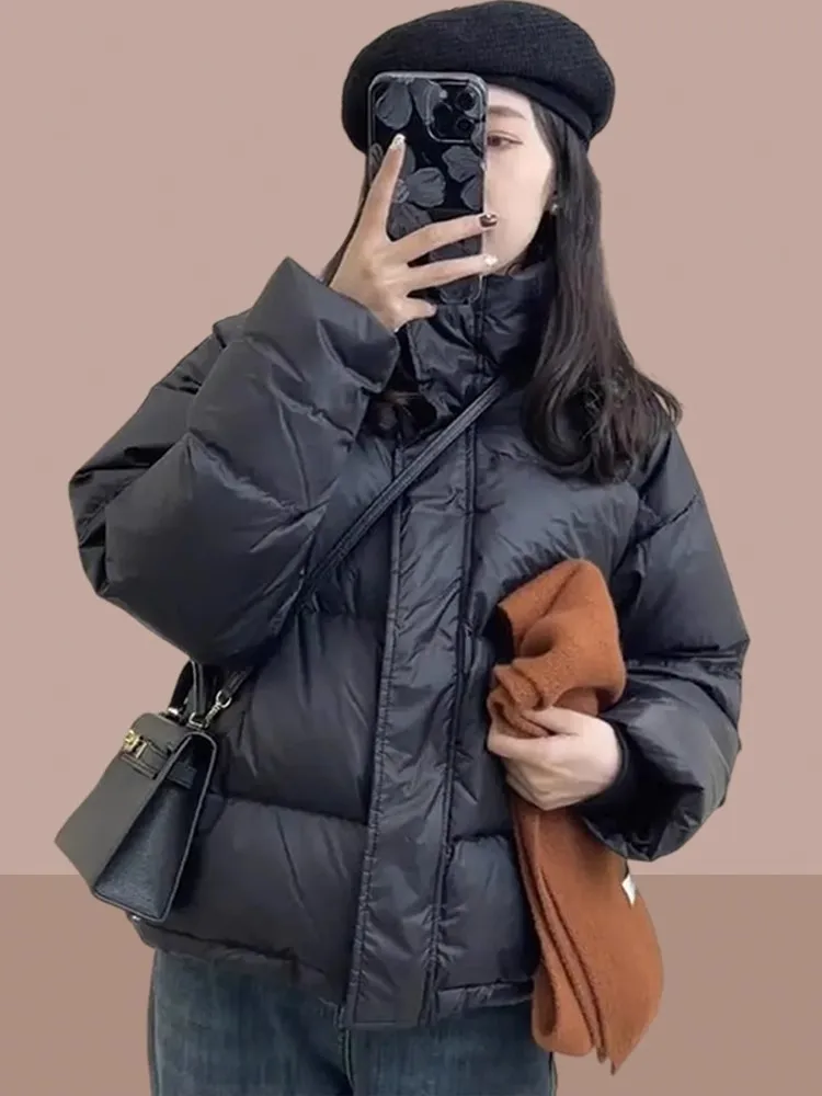 

Women's Thiened down Cotton Jaet 2026 New Winter Bread Sle Coat Pure Color Commute Korean Version Stand Collar Zipper